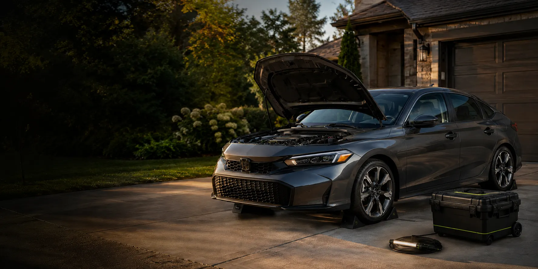 Gray Honda Civic prepared for professional mobile service in a residential driveway